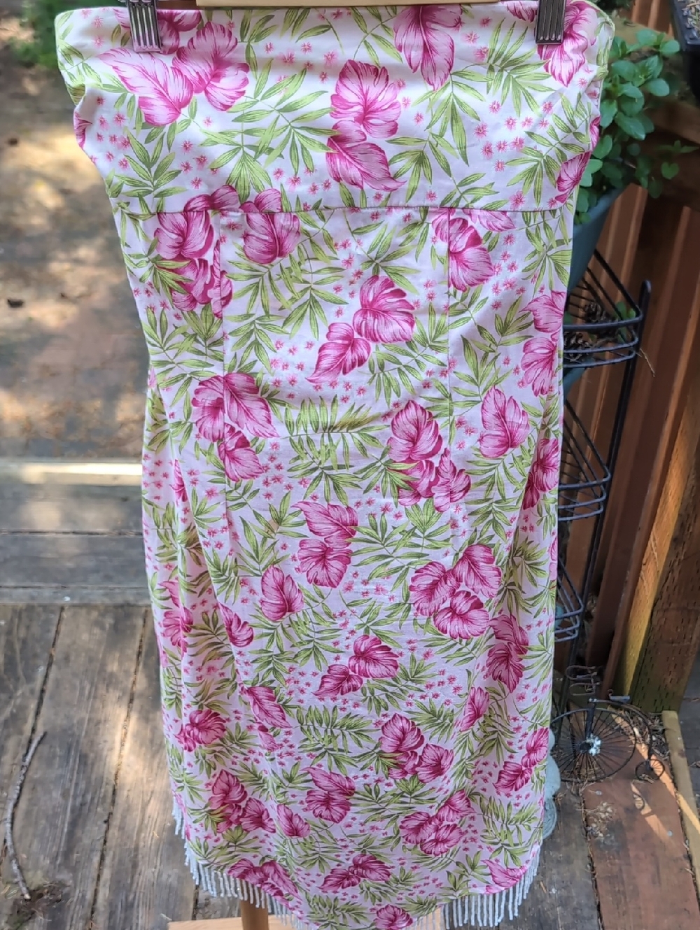 Vintage Beaded Fringe Anthropologie Pink & Green Floral Strapless Sundress w/Tie